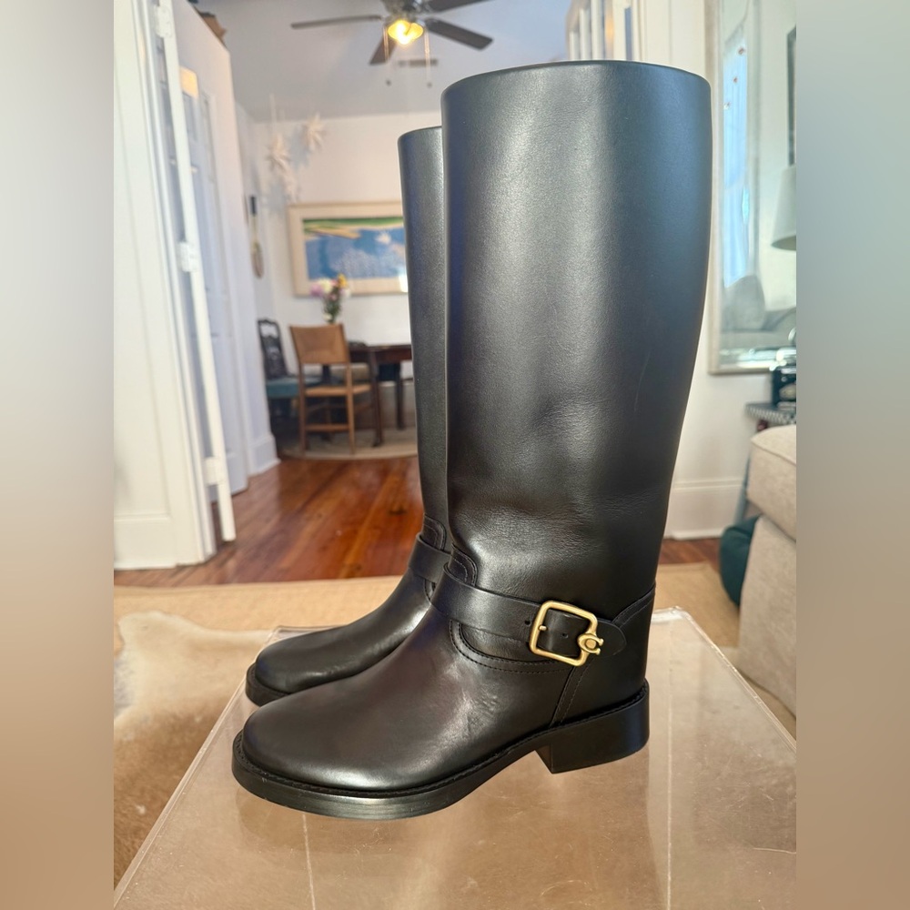 Coach Black Leather Boots with Gold Buckle